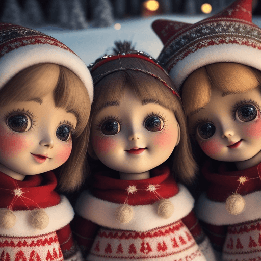 AI generated: Lapland Christmas, a close up of a three cute Sami blythe dolls big eyes, smiling, wearing tradition...