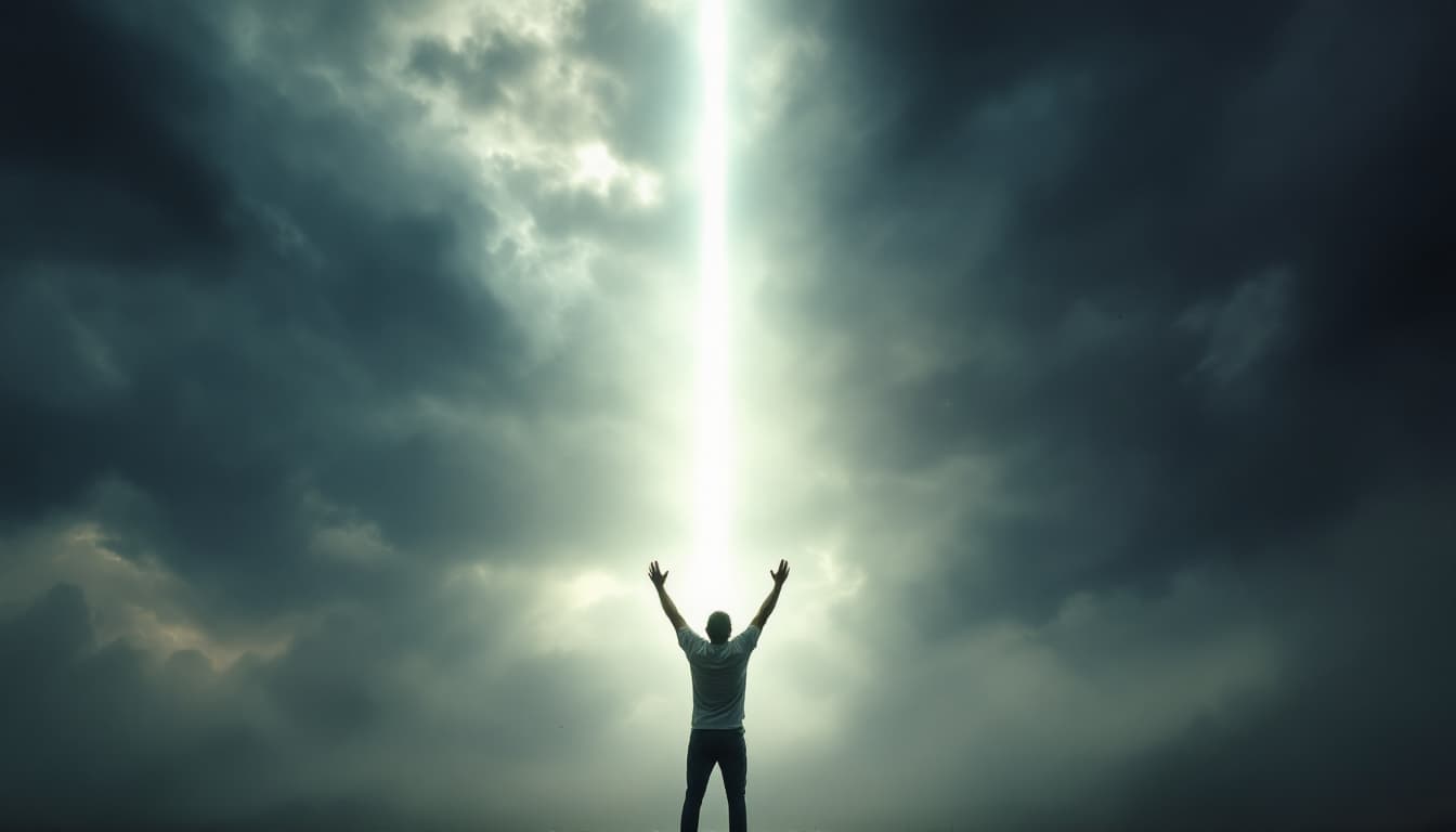 AI generated: A man stands on the ground, shouting at the sky with his hands raised, and a pillar of shining white...