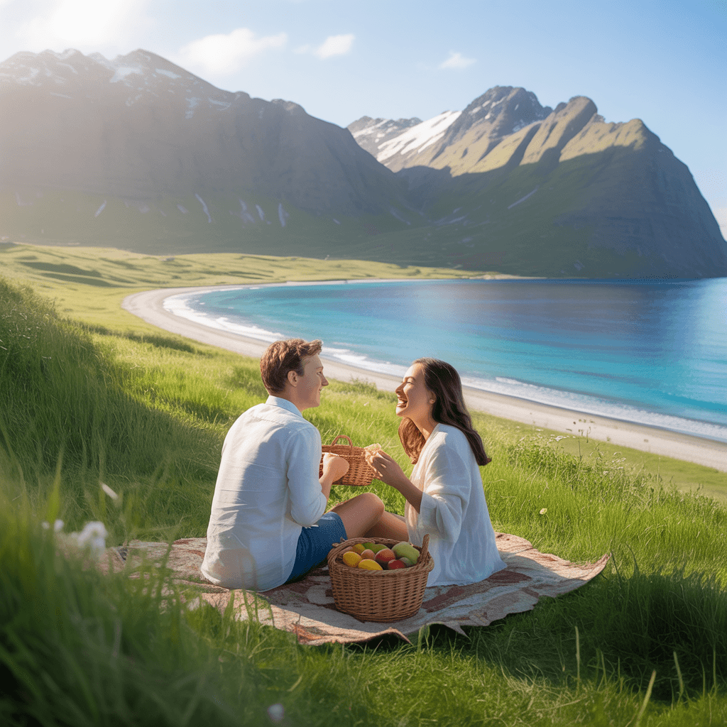 AI generated: paisaje ensoñador, con montañas y playas de fondo y el mar, con gente disfrutando en el césped