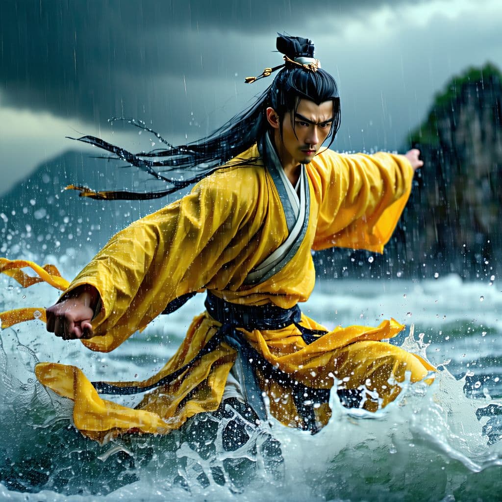 AI generated: A young warrior in ancient China with black hair and wearing yellow Hanfu is fighting on the sea und...