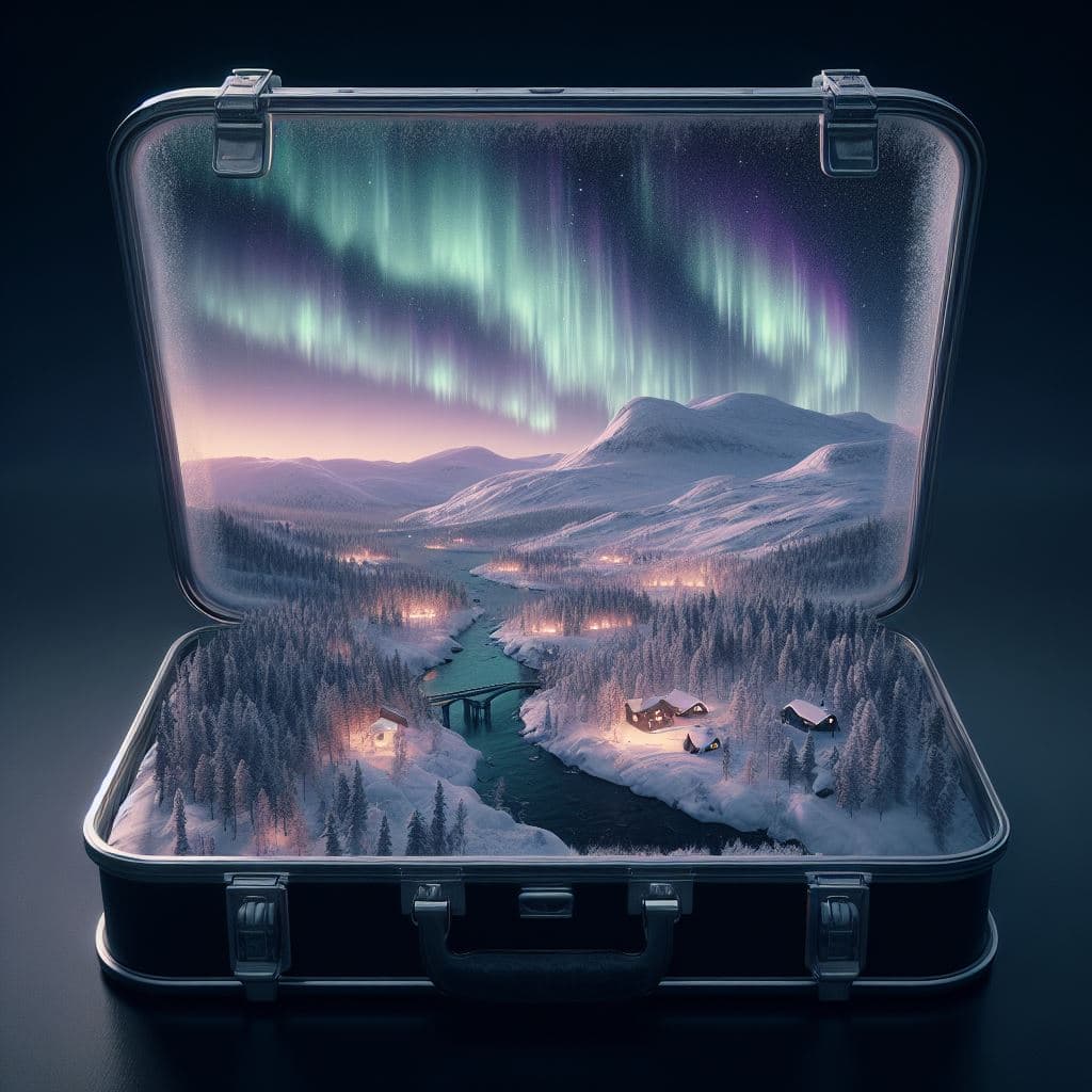 AI generated: winter scenery of Lapland inside of knollingcase, aurora borealis, transparent data visualization, t...