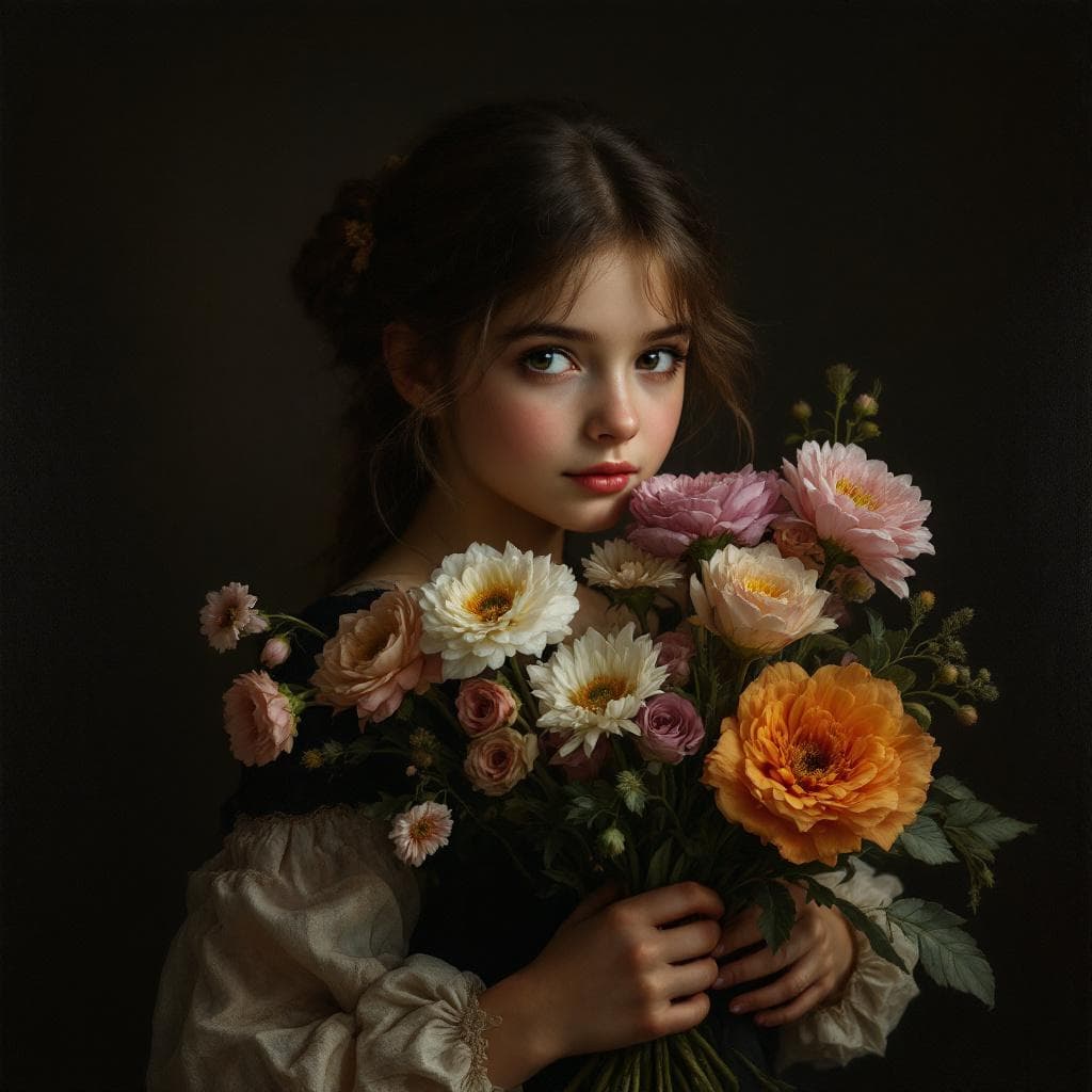 AI generated: in the likes of Rembrandt, a beautiful portrait of a young girl holding a bouquet of flowers.  displ...