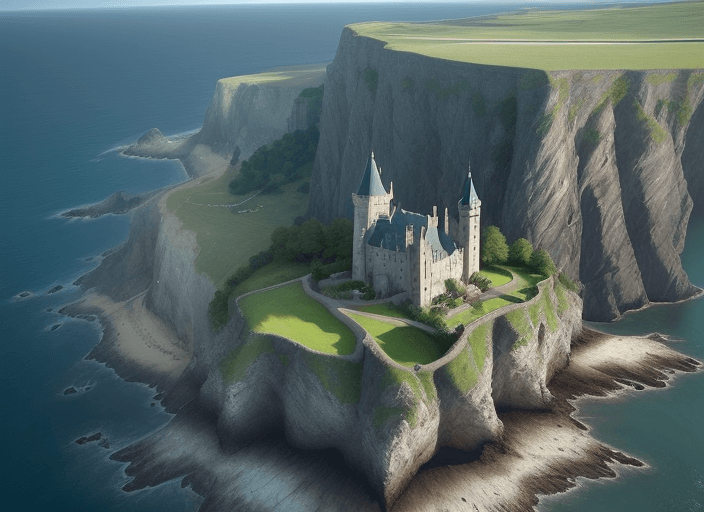 AI generated: ((A R T)) word, Camera aerial view, castle, pasture landscape, sea, cliffs, mix background, setting ...