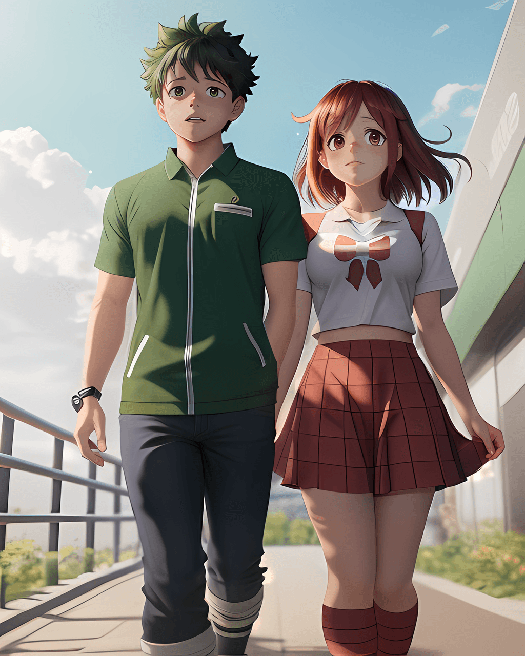 AI generated: Uraraka Ochako and Izuku Midoriya holding hands, Boku no Hero Academia, HD, ultra realistic, full pa...