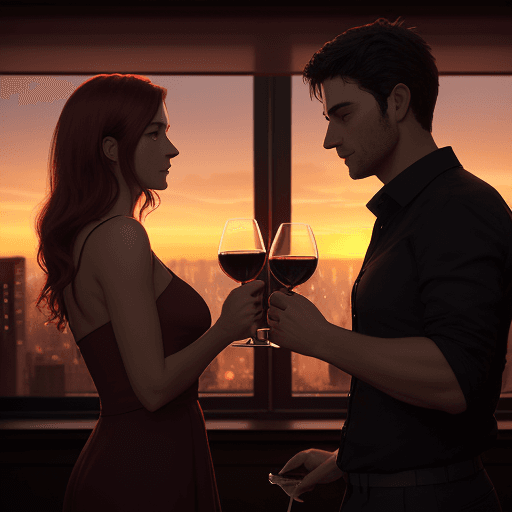 AI generated: two clinking glasses of red wine, held by one female hand and the other male, in a NY room, sunset, ...