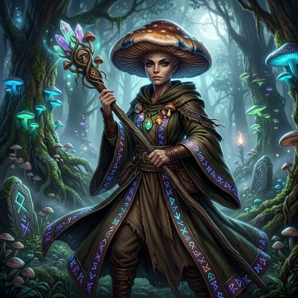 AI generated: A female psilocybin mushroom person witch with beautiful face and features, holding a two handed sta...