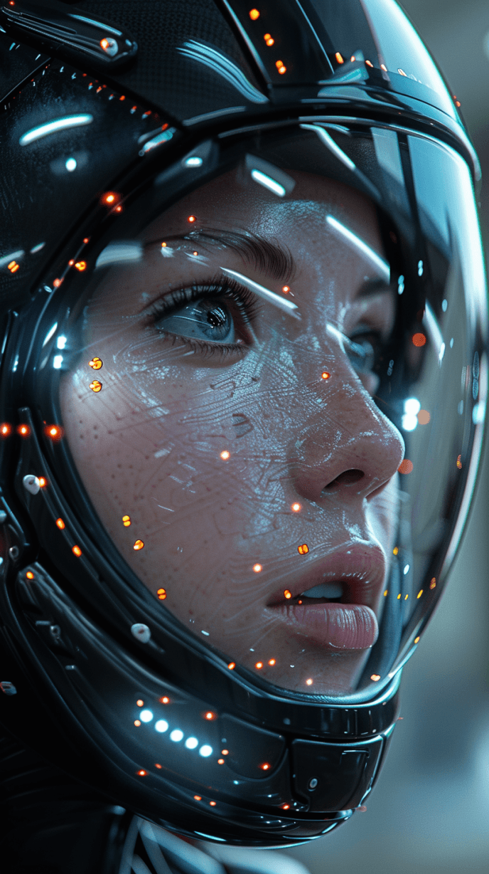 AI generated:  woman in a high-tech cyberpunk helmet with a shiny black finish and detailed robotic accents. Her f...