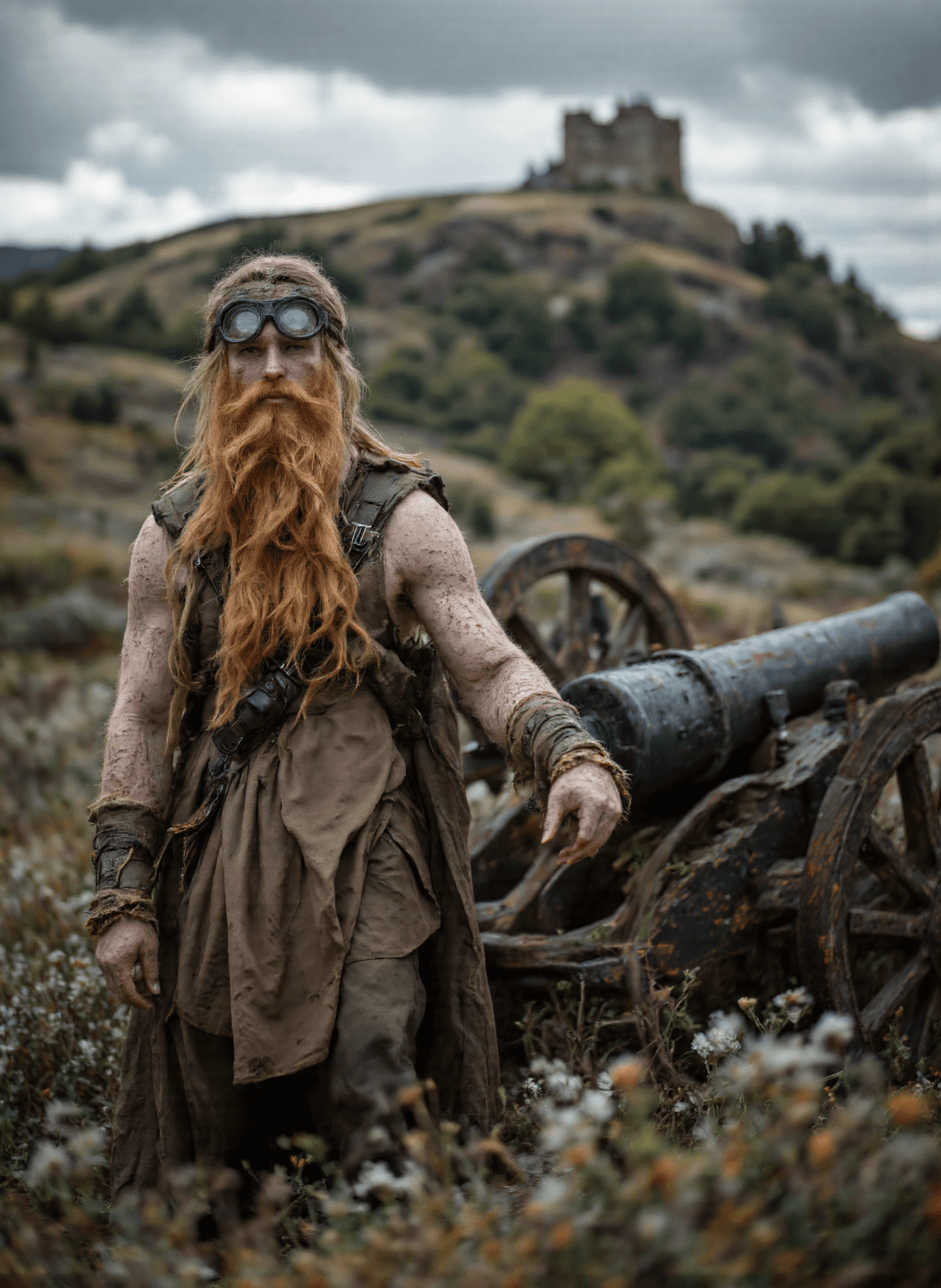 AI generated: The image depicts a person dressed in medieval attire standing next to an old cannon. The individual...