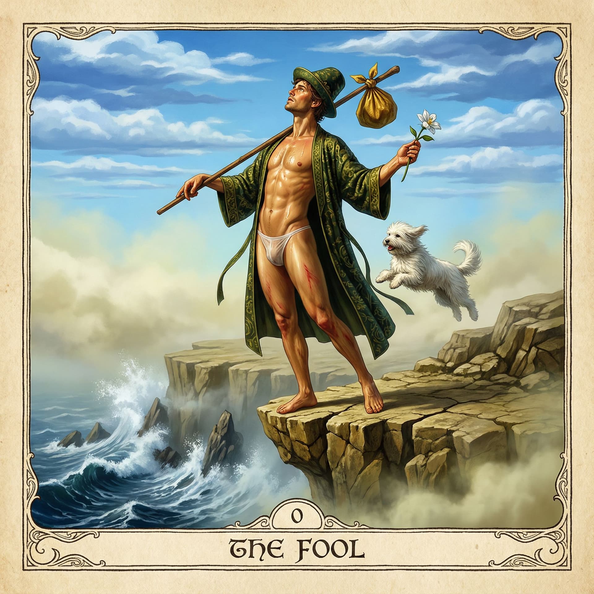 AI generated: This realistic tarot card art retains the classic Rider-Waite composition: Layers of blue sky and wh...