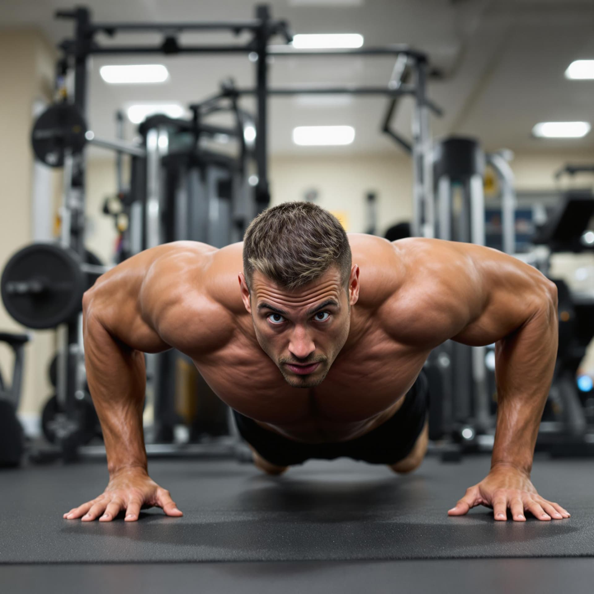 AI generated: bodybuilder doing push-up exercise while looking at camera