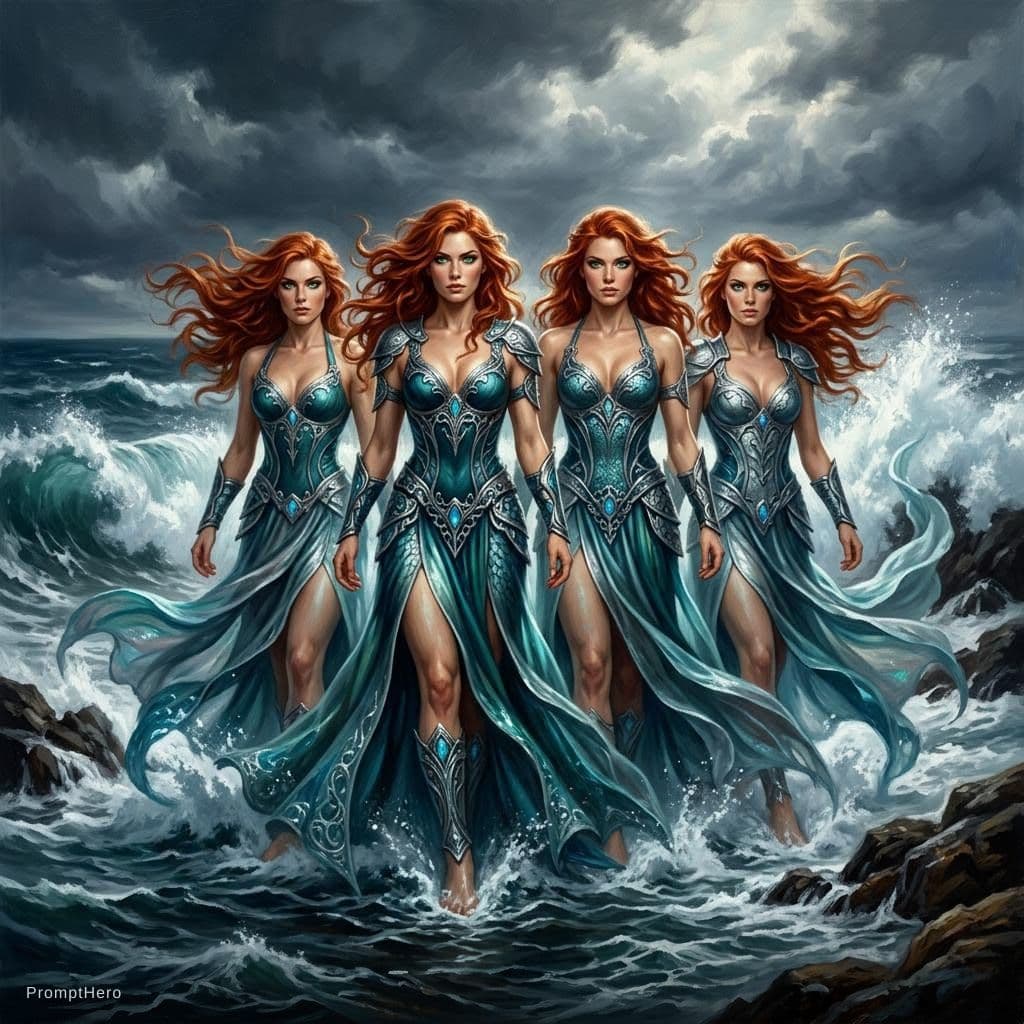 AI generated: Epic fantasy scene, four stunning identical fiery redhead sisters emerging from the turbulent ocean ...
