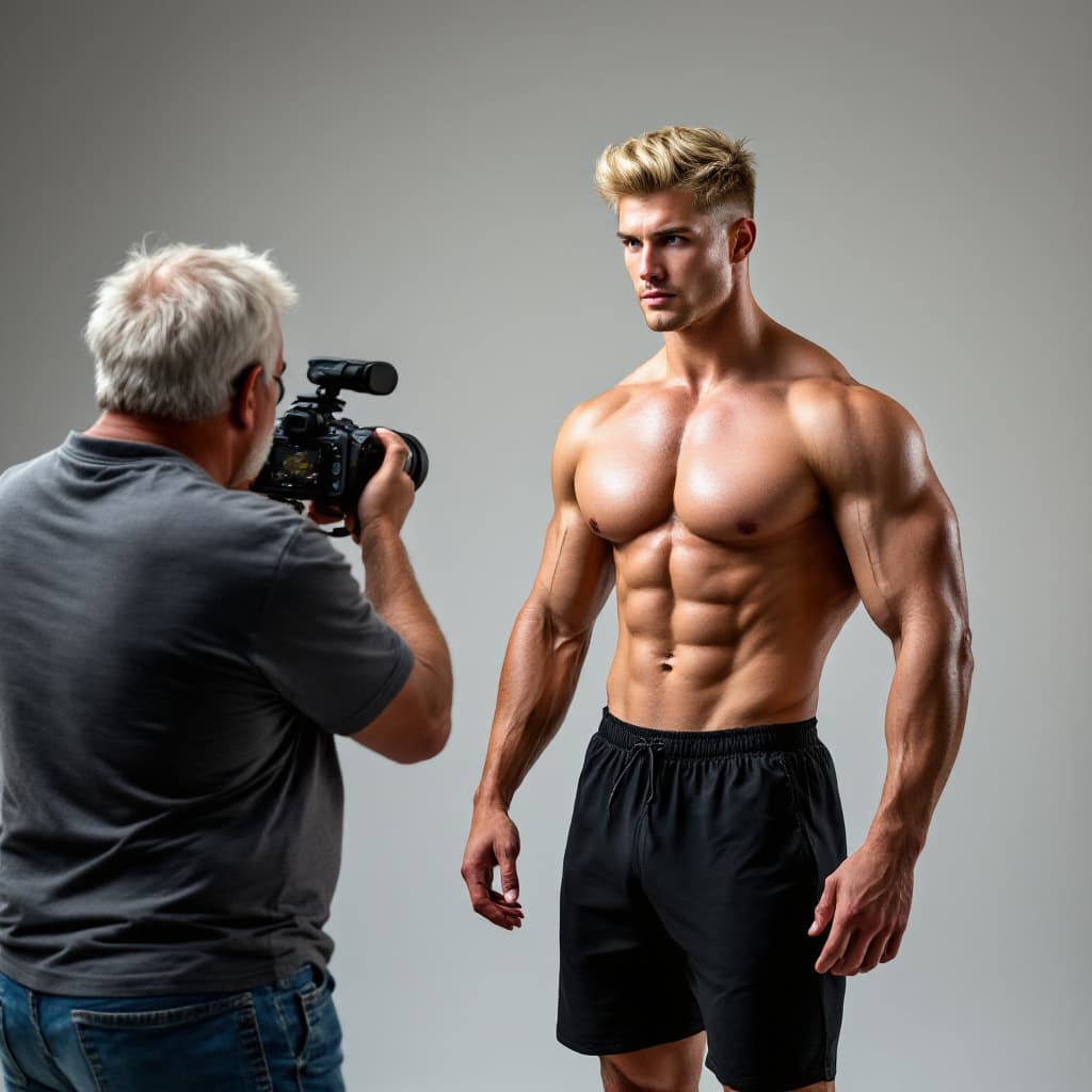 AI generated: high-resolution photo, muscular, handsome young man with light blonde hair wearing gym shorts, stand...