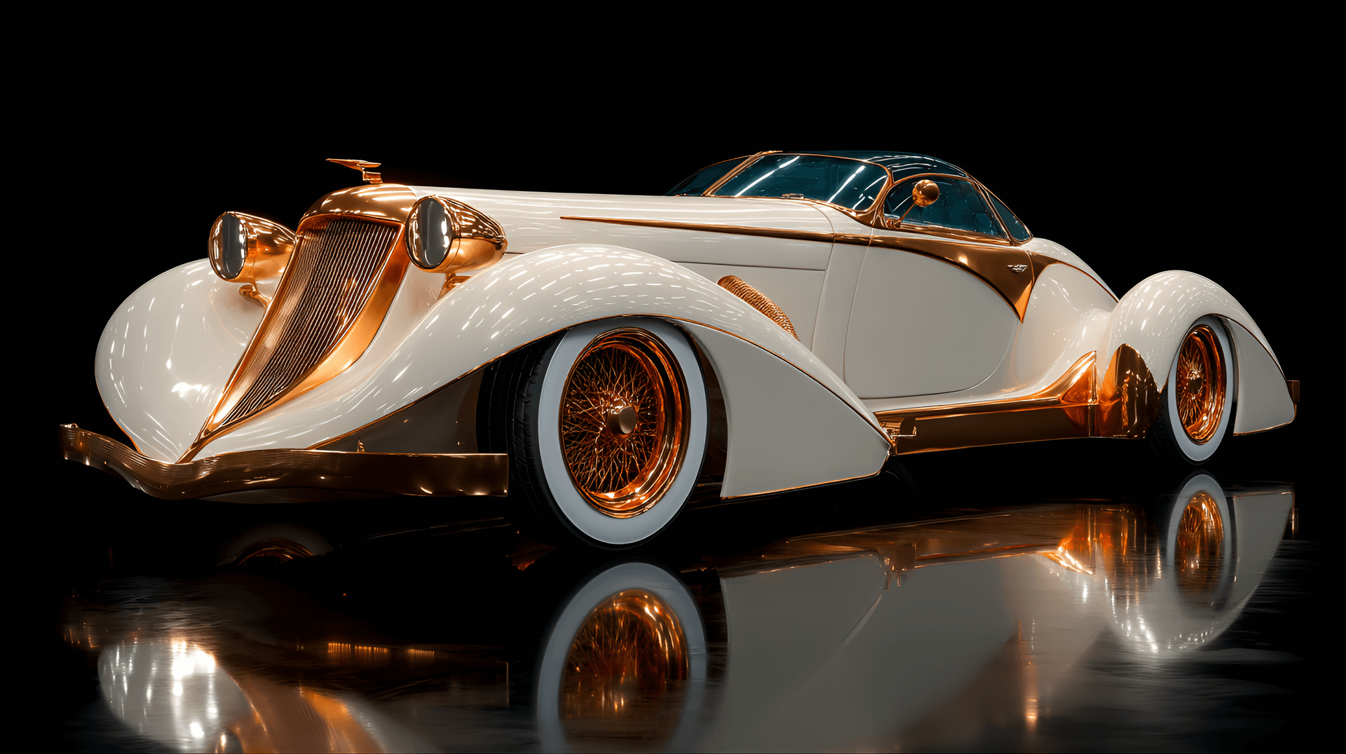 AI generated: Custom-designed, classic car, immaculate detail,  ornate copper and white,  low angle,  studio shot,...