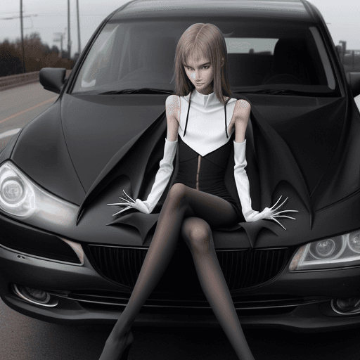 AI generated: a needle-thin anorexic girl with skinny long legs and long skinny calves in high heels with long hoo...