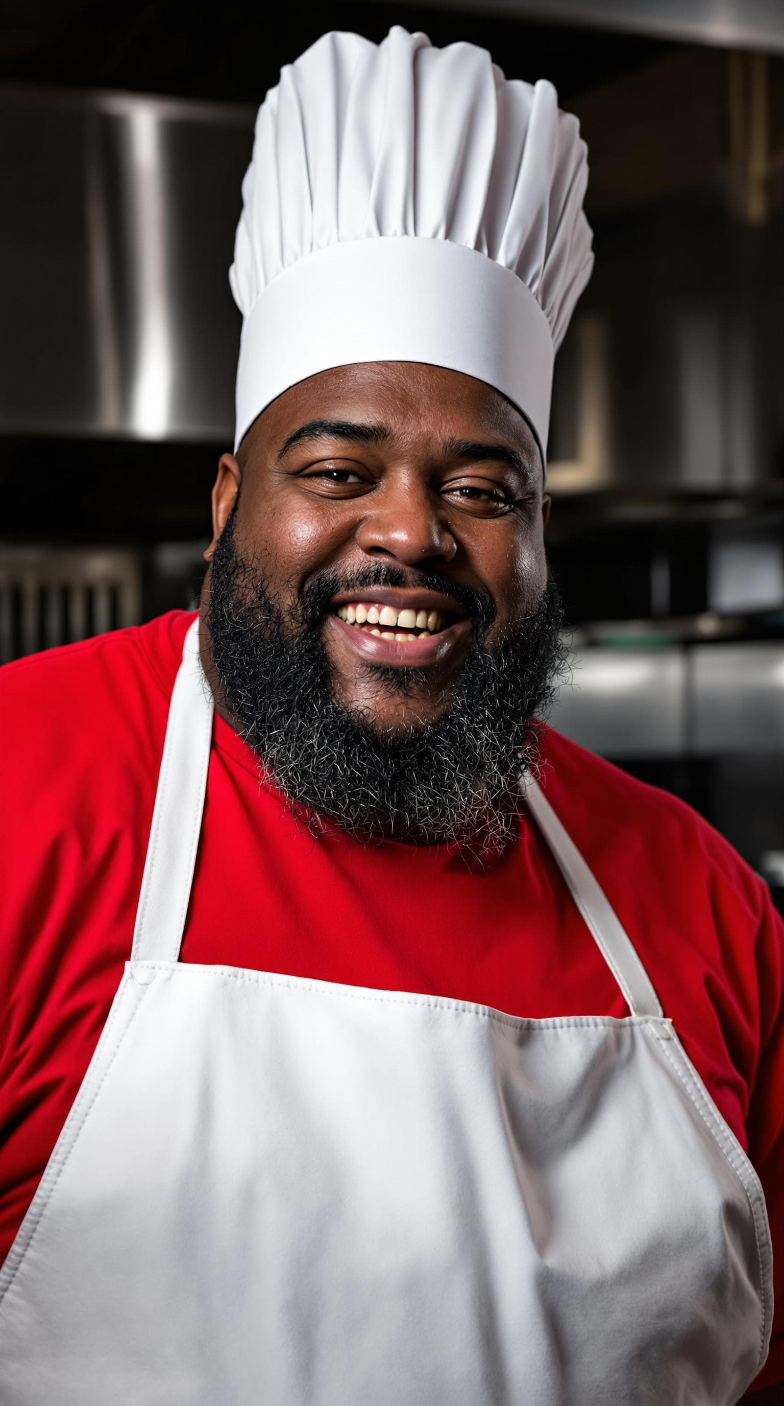 AI generated: A hyper-realistic portrait of a heavyset Black man; tall white chef's hat; white apron over red t-sh...
