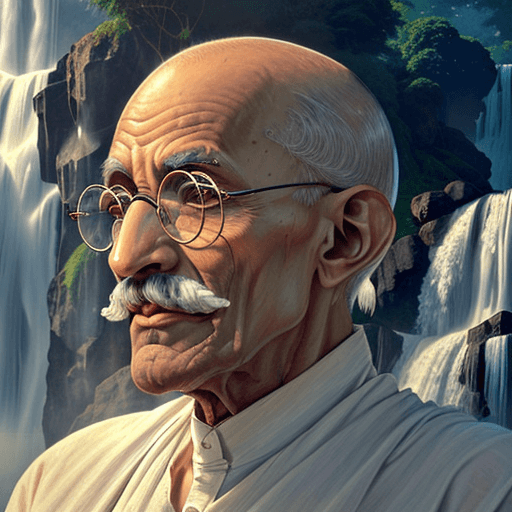 AI generated: Mahatma Gandhi Stunning visual photograph of an older, bald man wearing round clear glasses, which d...