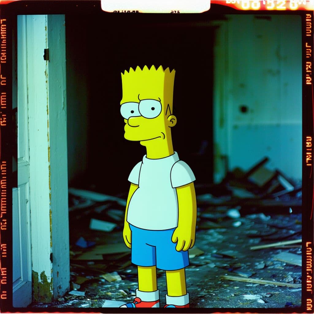 AI generated: grainy 80's photograph quality polaroid of bart simpson suicide caught in an abandoned house, dark