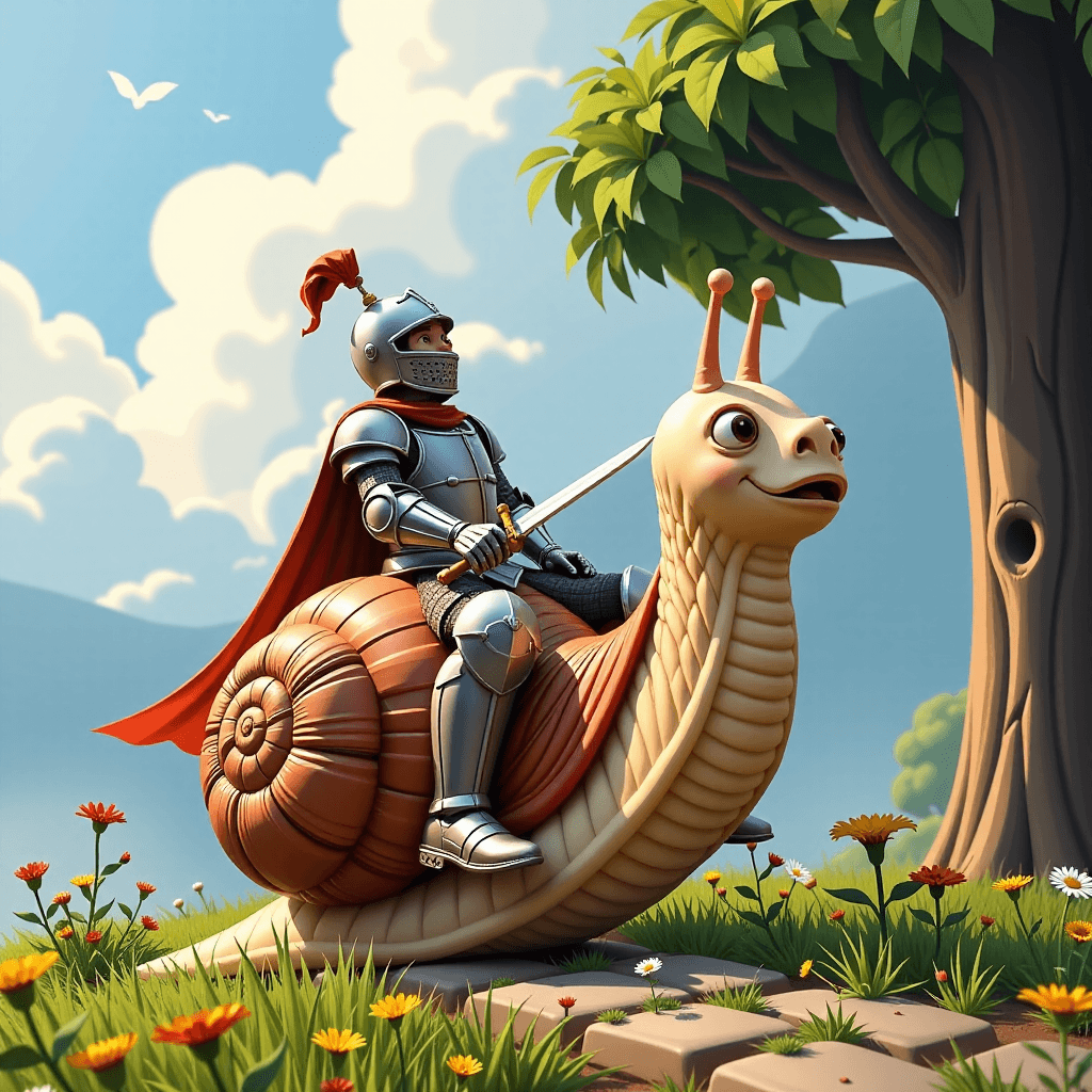 AI generated: A knight in shining armor, comically struggling to ride a giant, overly enthusiastic snail.âââ