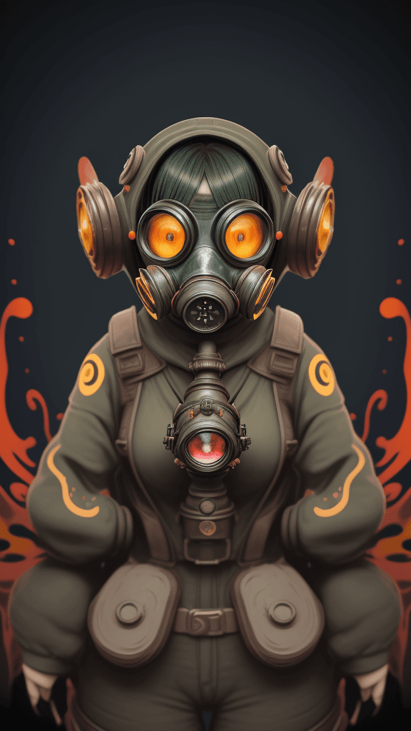 AI generated: complex background portrait of little 
creature woman. Wearing a gas mask. Prominent eyes, complex b...
