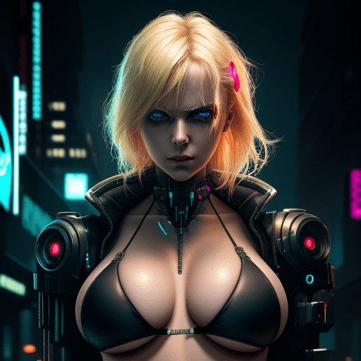 AI generated: beautiful blond girl facing front wearing cyberpunk outfit with very large breasts in a small bikini...