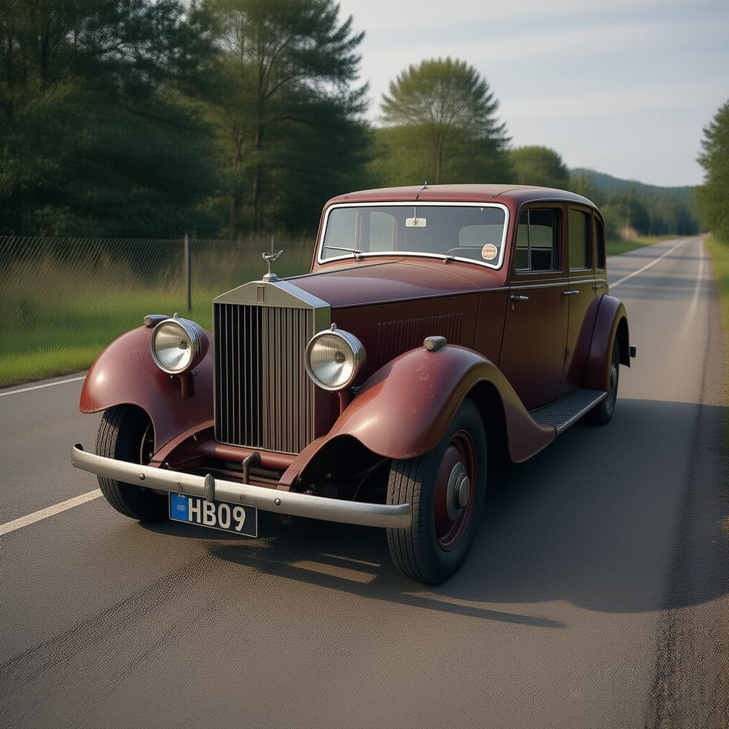 AI generated: A old  Rolls-Royce on the road

With the discreet and very small watermark "HB09" on the license p...