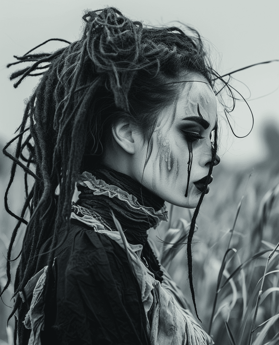 AI generated: a woman with dread locks and makeup is in the field, in the style of monochrome painting, cybergoth,...