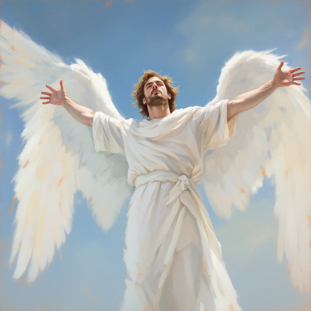 AI generated: Impressionist painting of  a masculine male, a strong angel, light brown hair, a clean-shaven face, ...