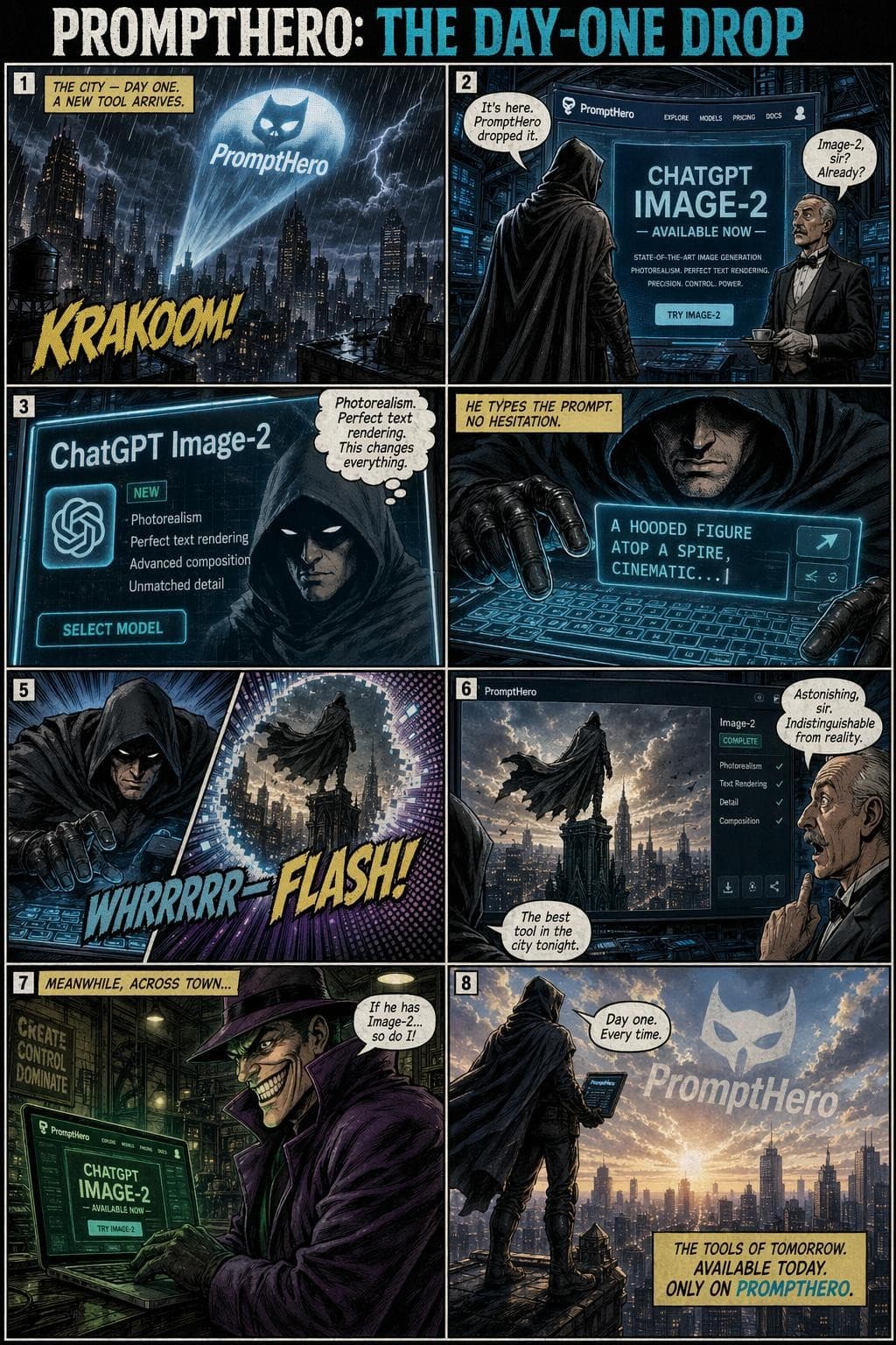 AI generated: Create an 8-panel comic strip in a classic noir superhero style — heavy ink shadows, dramatic chiaro...