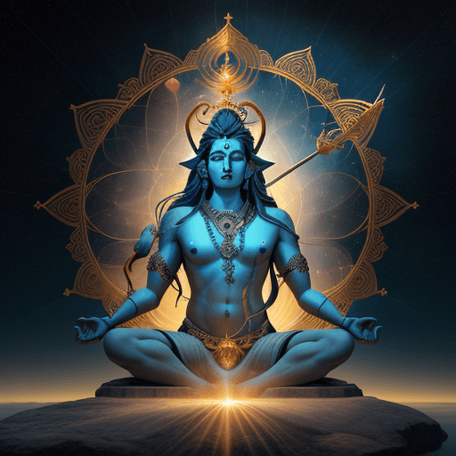 AI generated: Lord Shiva with his trident, meditating, background Universe, he i a  celestial expanse above them, ...