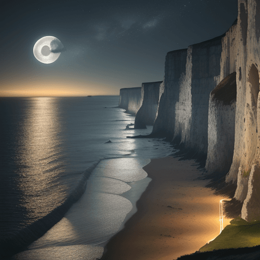 AI generated: "Enveloped in the gentle embrace of night, explore the Jurassic Coast in the U.K. under the ethereal...