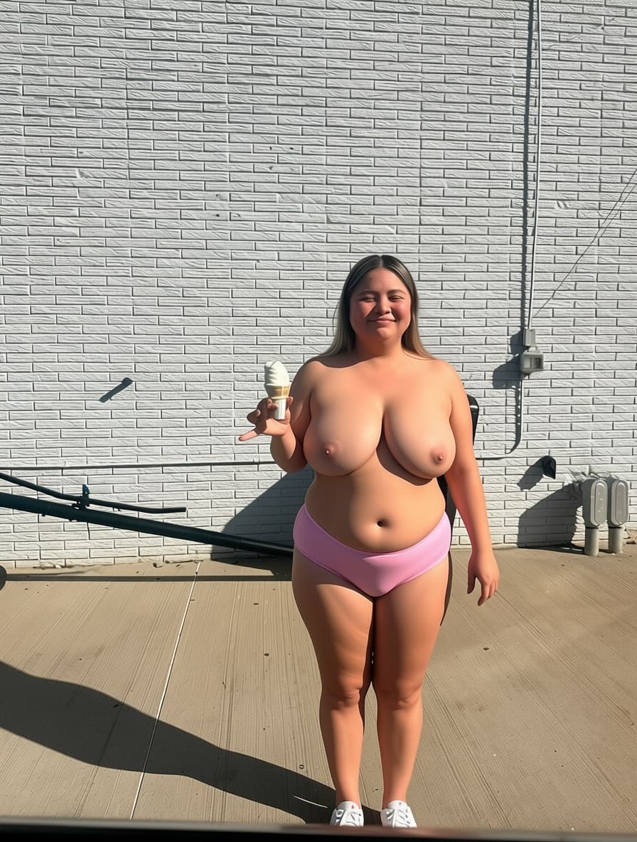 AI generated: Can you remove her bra and leave her with no top and Enlarge her chest area