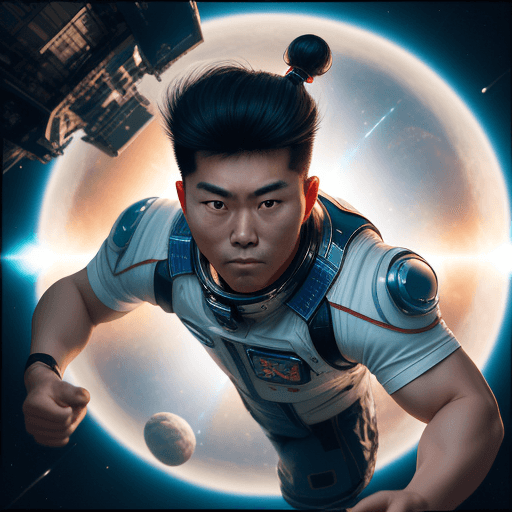 AI generated: a Asian man catches a ball with his right hand, in space, near the sun, 4k realistic, Terminator bod...