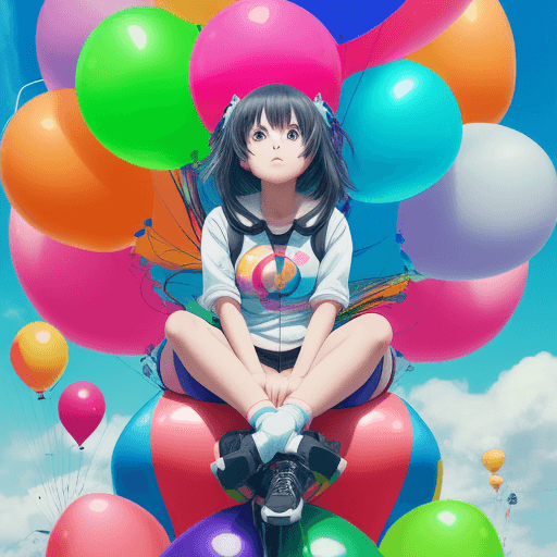 AI generated: a girl sitting on top of a bunch of balloons, inspired by Ei-Q, pixiv, still from tv anime, hyper co...