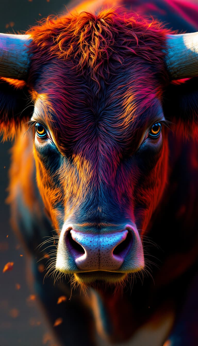 AI generated: series of a fighting bull with, modern portrait series of a nelore cattle in colorful wear, in the s...