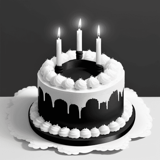 AI generated: a cake, white and black, with seven candles