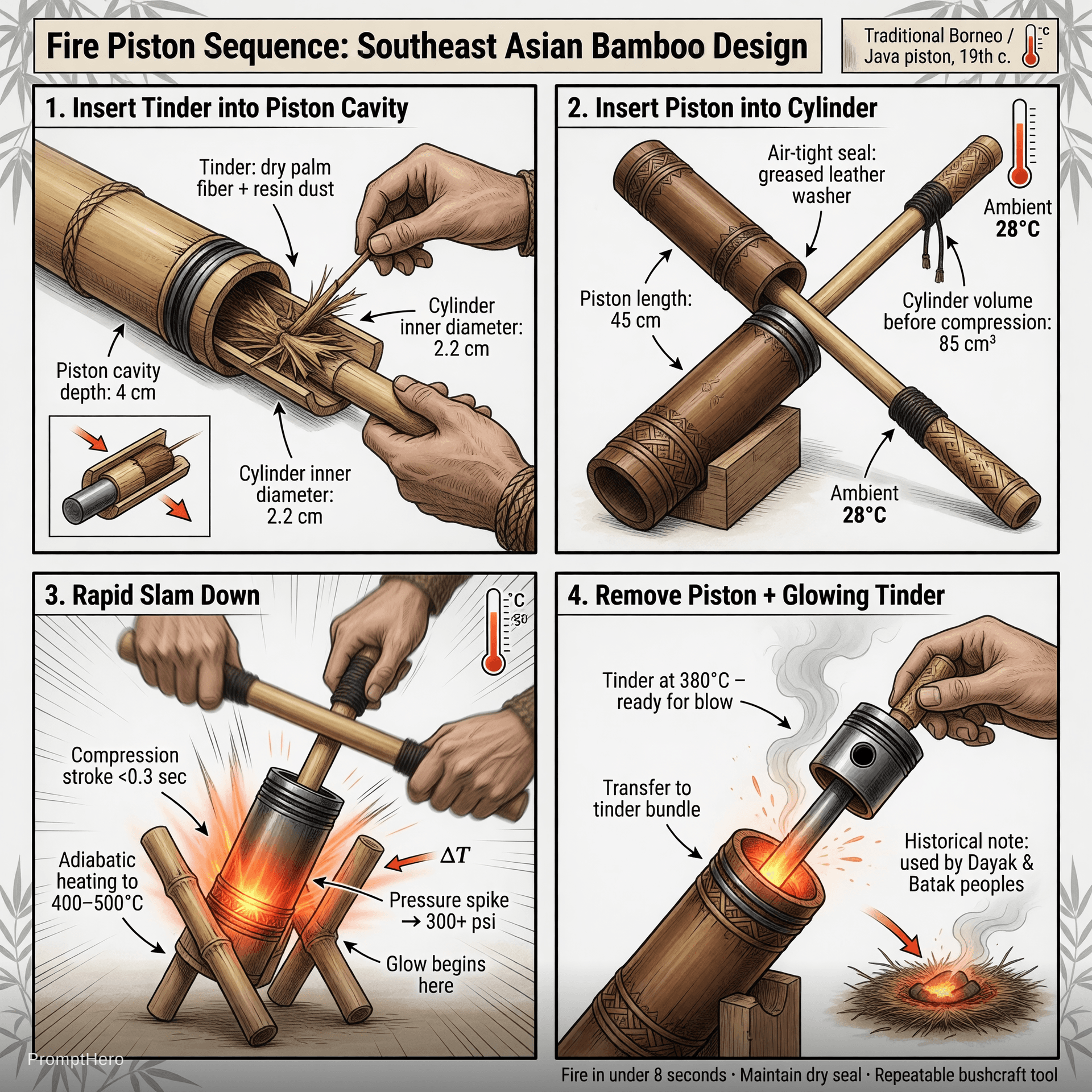 AI generated: Professional technical sequence illustration showing the 4 steps of using a fire piston, clean engin...