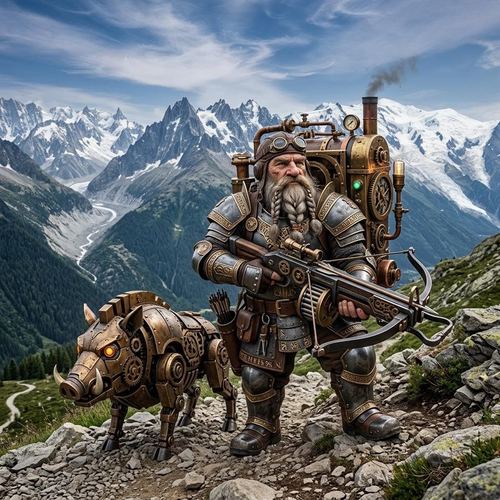AI generated: a male dwarf artificer with a clockwork wearing dwarven half plate armor and an oversized steampunk ...