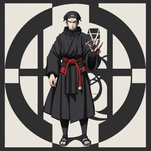 AI generated: bauhaus style pattern, big clothes, cool anime style, character, village center, medieval, ninja mag...