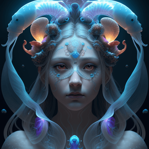 AI generated: Goddess close-up portrait ribcagel. jellyfish phoenix head, nautilus, orchid, skull, betta fish, bio...