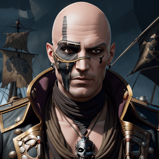 AI generated: male villain, bald, face mummy skin, no facial hair, pirate captain, pirate captain outfit, pirate c...