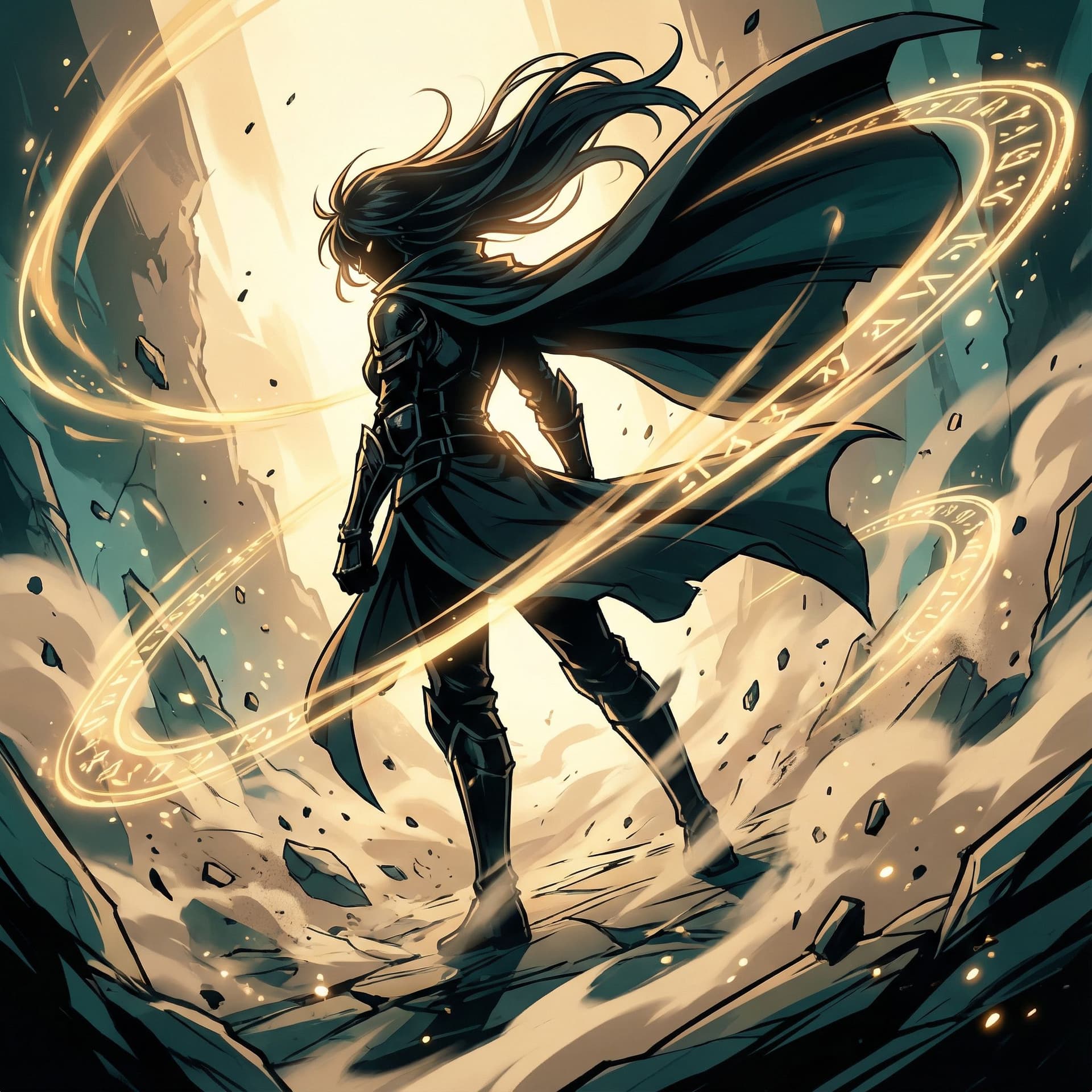 AI generated: "Dynamic anime-style illustration of a mysterious character with long flowing black hair in an actio...
