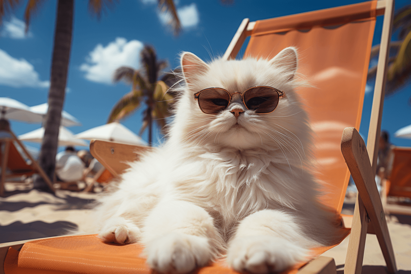 AI generated: a small white kitten on a blue hammock and a palm tree at an abstract ethereal semi - transparent su...