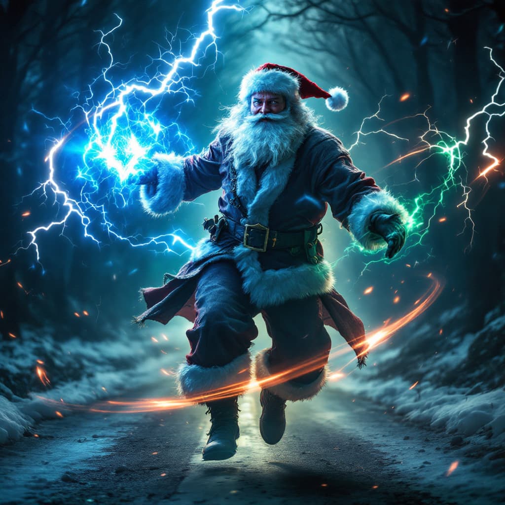 AI generated: an santa wearing gray linen is depicted in an action pose, swirling thunder and lightning with an ar...