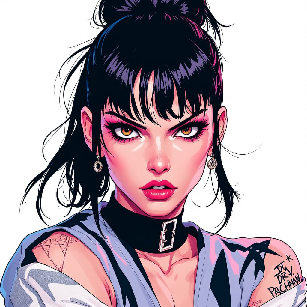 AI generated: Juri from the game Street fighter 6, 90s, anime, japanese pop, japanese words, in the style of Jamie...