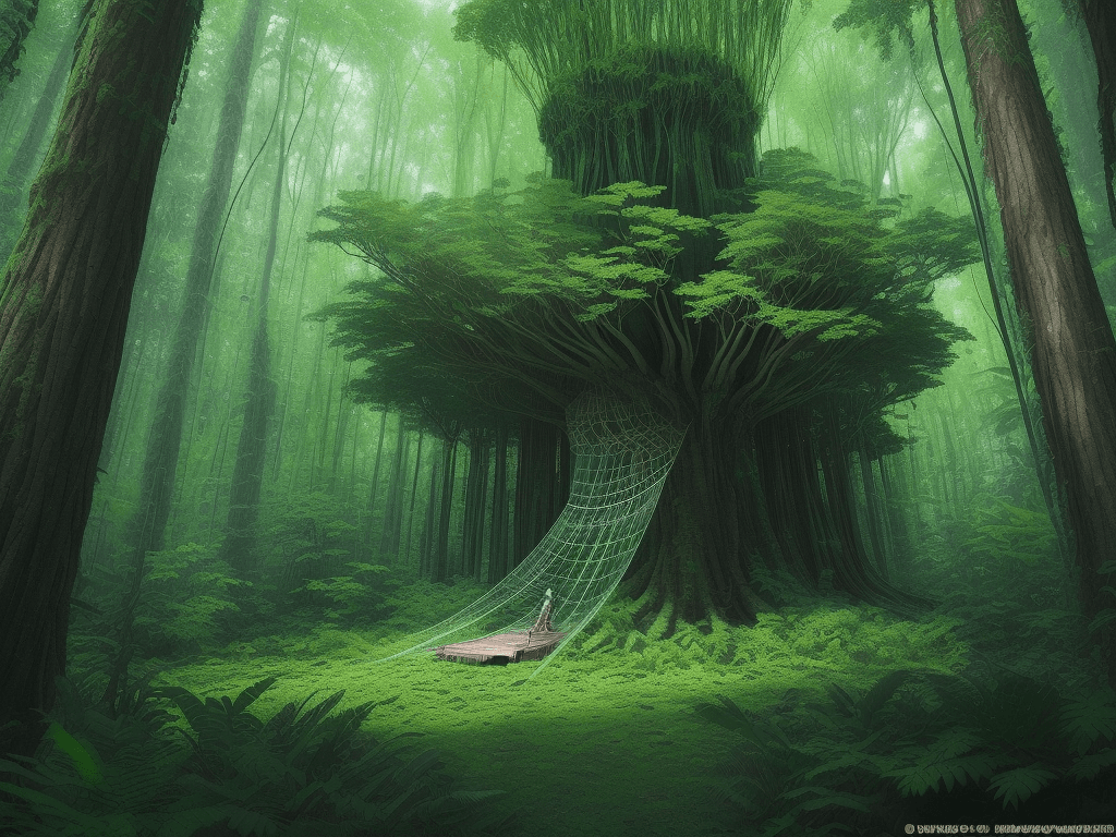 AI generated: anishinaabe woodlands forrestscape, giant spiderweb, hidden in the forrest, forrestpunk, lush vegeta...