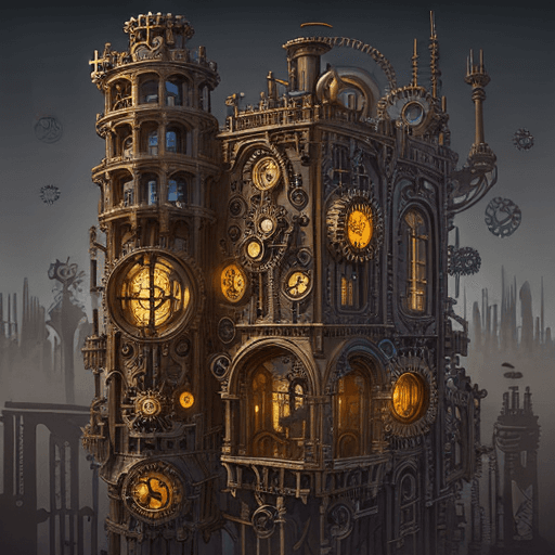 AI generated: steampunk architecture consists of many gears and blots.