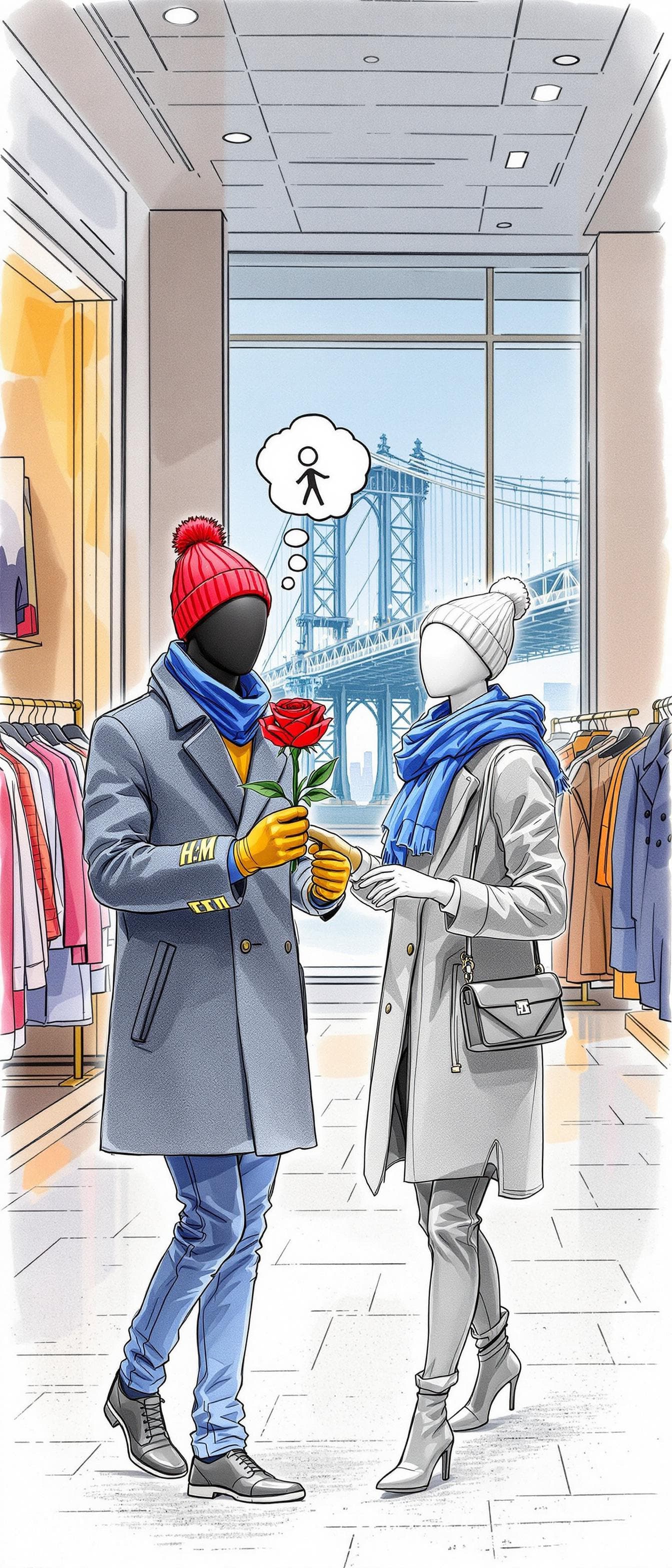AI generated: A Dream in Disguise - A love story between Victor (black male mannequin) and Viola (white female man...