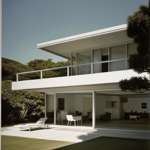 AI generated: Chichi Hyper realistic eye level exterior photo of a mid century modern style house overlooking the ...
