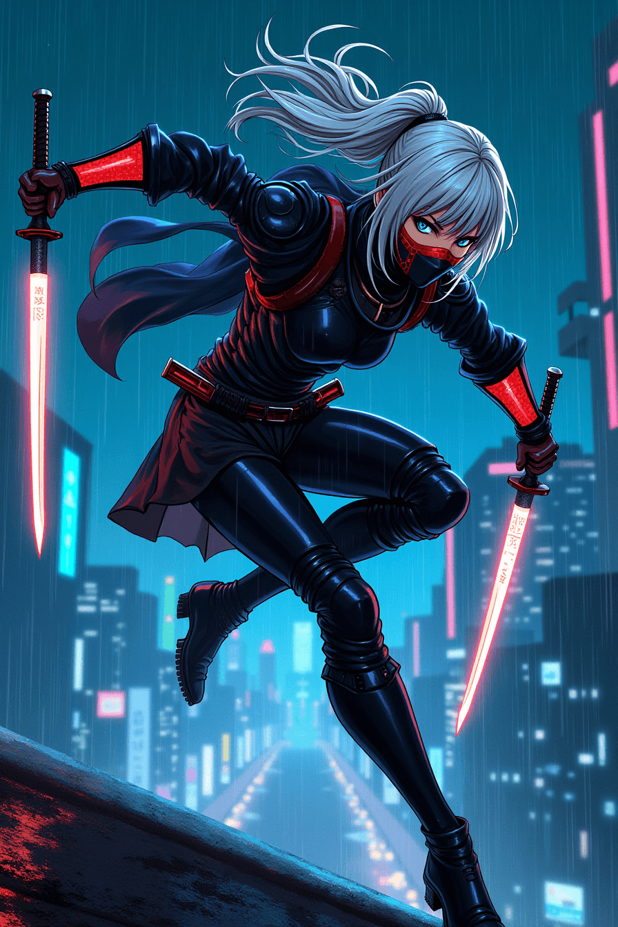 AI generated: full-body illustration of a female cyberpunk samurai in a dynamic action pose, leaping forward with ...