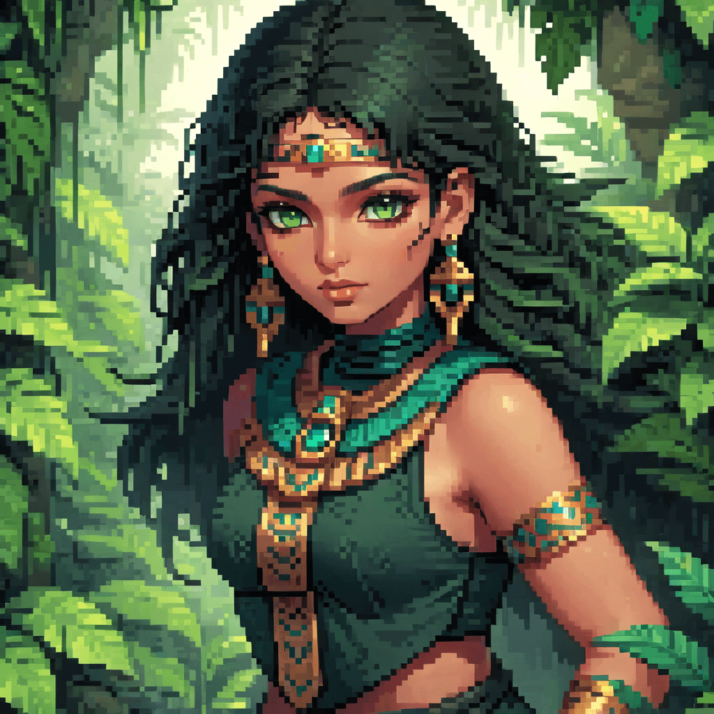 AI generated: 1 adult Egyptian woman, green eyes, black hair flaps, makeups , upper body, looking at viewer, detai...